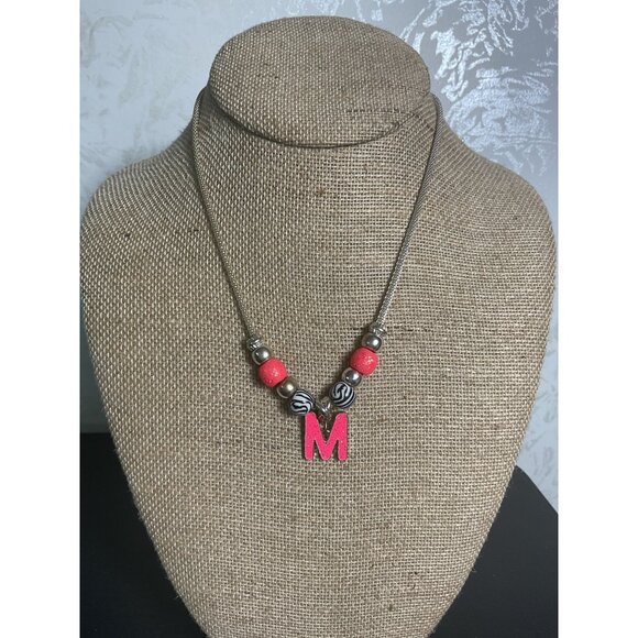 Red & Silver Necklace With "M" Pendant On Adjustable Chain - Picture 1 of 4